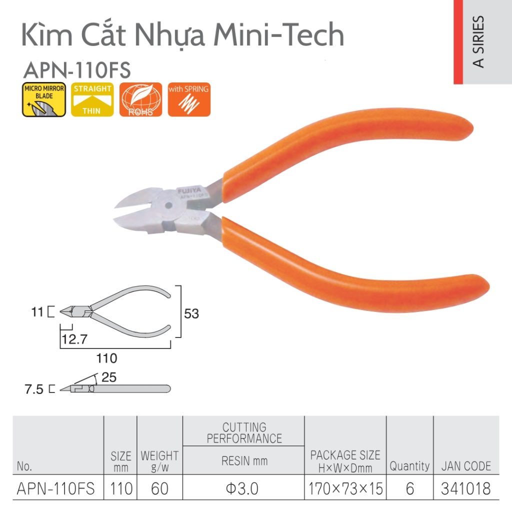 Thông số sản phẩm Kìm cắt nhựa Mini-Tech Fujiya