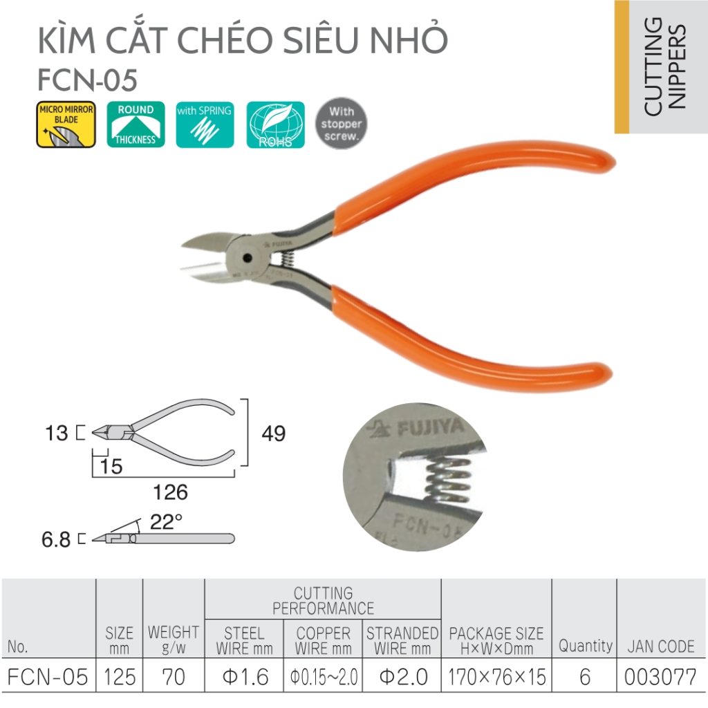 Chi tiết kìm cắt chéo siêu nhỏ FCN-05 thương hiệu Fujiya