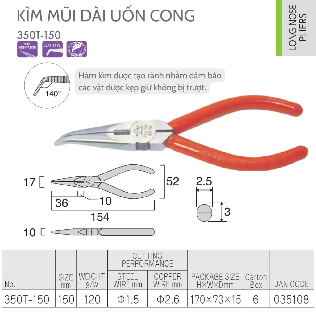 Chi tiết Kìm Mũi Dài Uốn Cong FUJIYA 350T-150