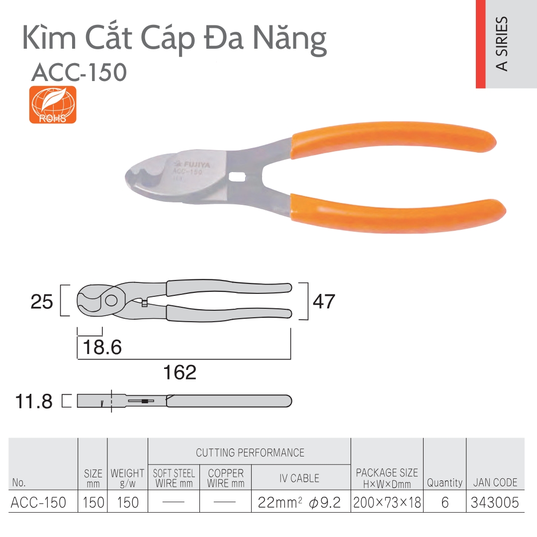 Thông số sản phẩm Kìm Cắt Cáp Đa Năng Fujiya ACC-150